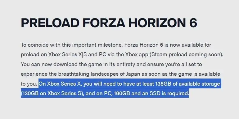 Forza Horizon 6 PC Version Size is 160GB, Requires SSD